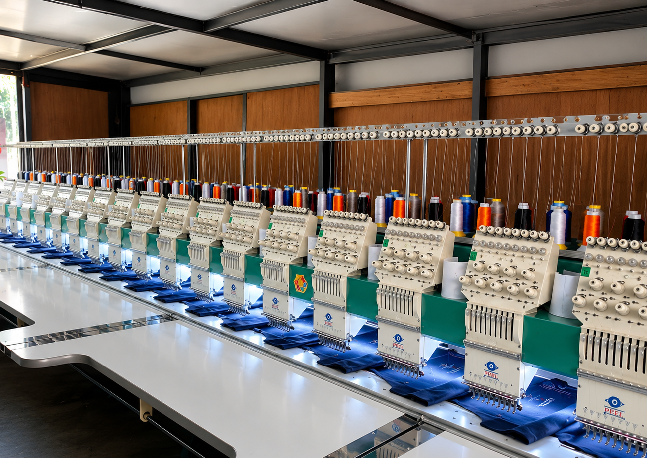 Industrial multi-head embroidery machines stitching branded apparel at the Gavindro Clothing facility