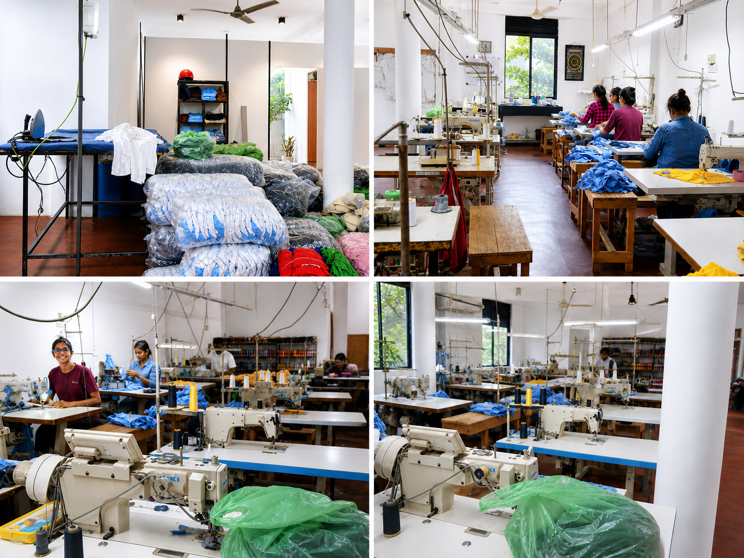 Inside the Gavindro Clothing manufacturing facility — sewing floor and finished garment packing